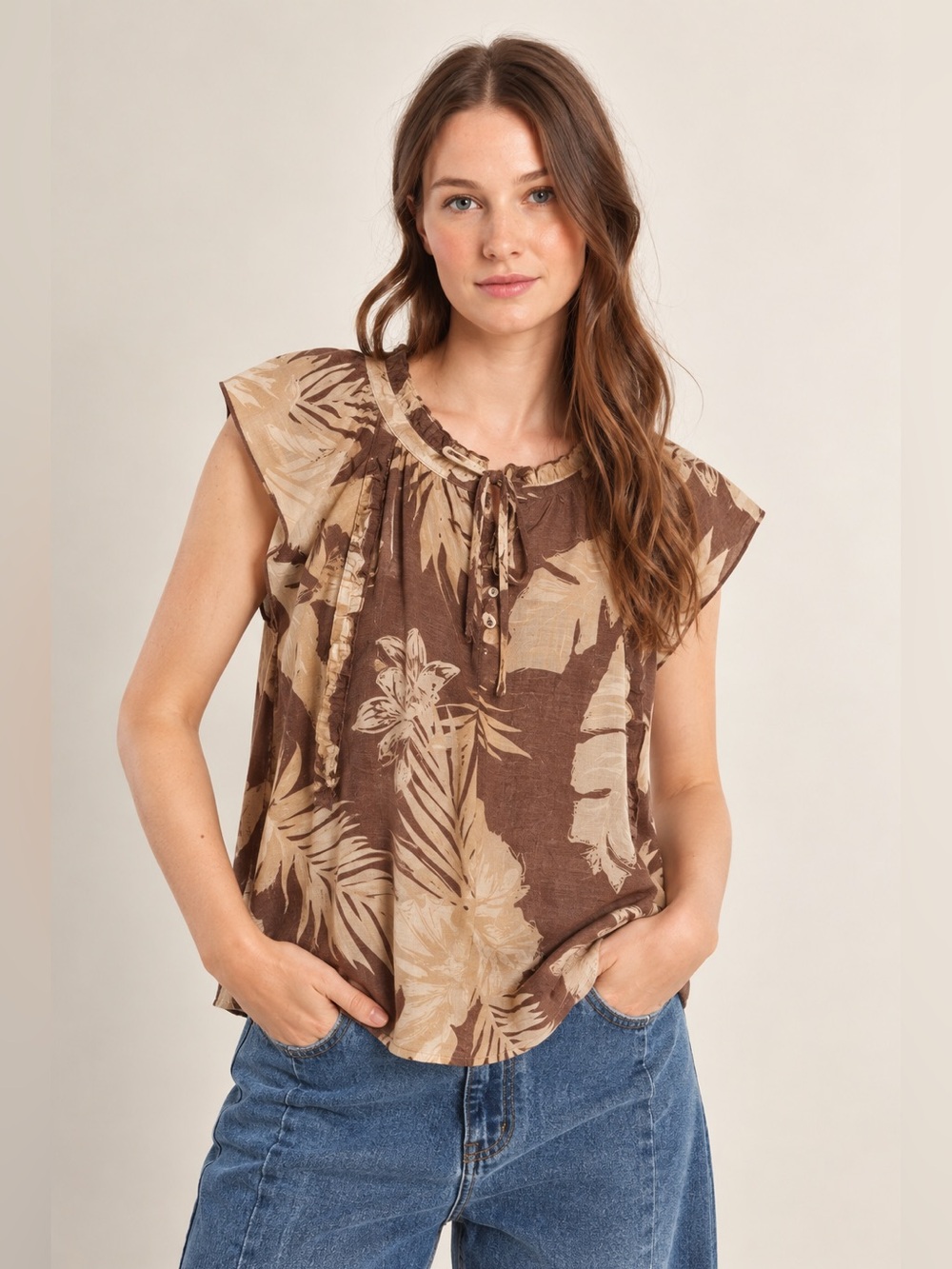 LILY MORGAN | Brown & Cream Tropical Flutter Sleeve Tunic